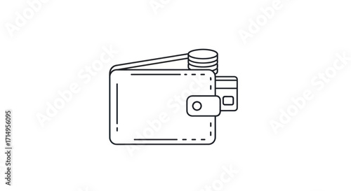Simple Line Art Illustration of a Wallet with Coins and Credit Card.