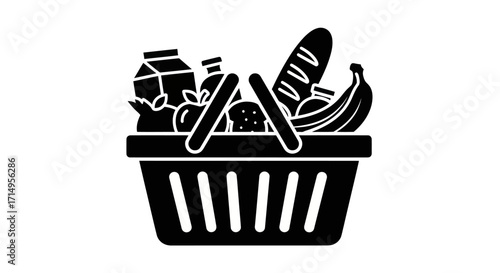Black shopping basket icon filled with groceries like bread milk and fruit.