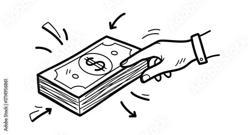 Hand Reaching for Stack of US Dollar Bills.