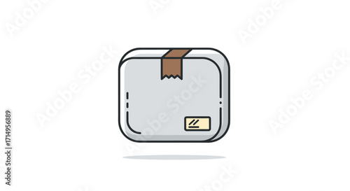 Cartoon delivery package icon with brown tape and shipping label.