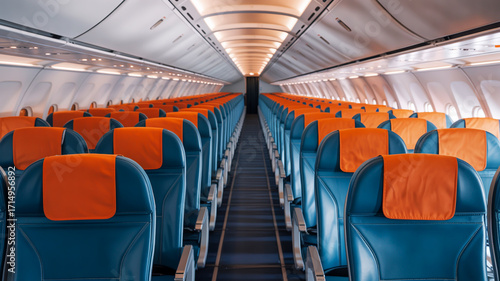 Wallpaper Mural Empty Airplane Cabin with Rows of Blue Seats and Orange Headrests interior Torontodigital.ca