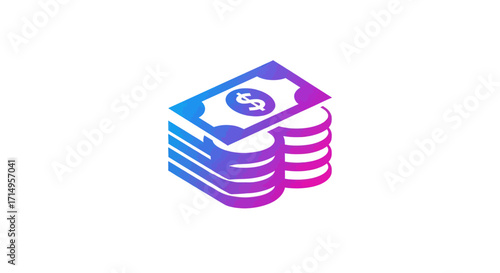 Isometric icon of stacked coins and a banknote with a vibrant blue and purple gradient.