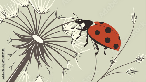 Ladybug on dandelion drawing vector art illustration insect flower nature spring summer garden design
