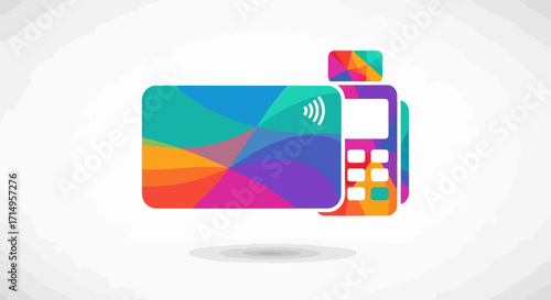 Colorful Credit Card and Payment Terminal with Wireless Symbol.