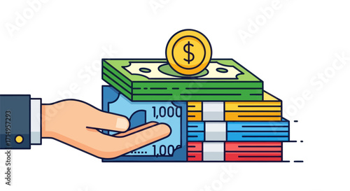 Hand holding a stack of colorful money bills with a gold dollar coin on top.