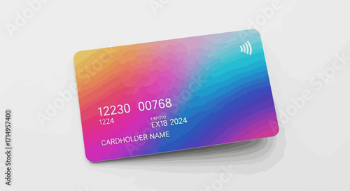 A modern credit card featuring a vibrant rainbow gradient design and a contactless payment symbol.