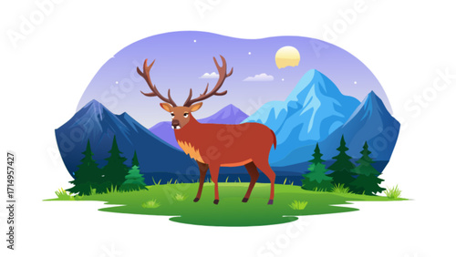 Cartoon deer in mountain landscape vector illustration wildlife nature animal forest design graphic art