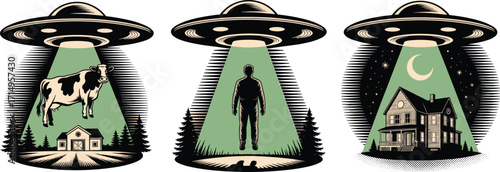 Three UFO abduction scenes with cow, human, and farmhouse at night, green beam lights, retro sci‑fi alien spaceship, extraterrestrial invasion artwork