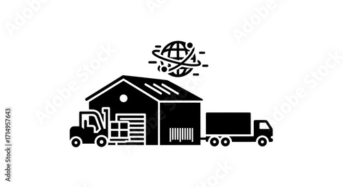 Solid black glyph icon representing a logistics warehouse with a forklift truck and global symbol.