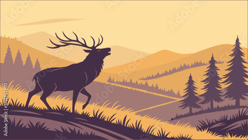 Majestic elk silhouette in mountain landscape vector illustration wildlife nature background scene design