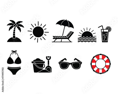 Summer vacation icon of beach sun palm tree cocktail bikini sunglasses and lifebuoy icons