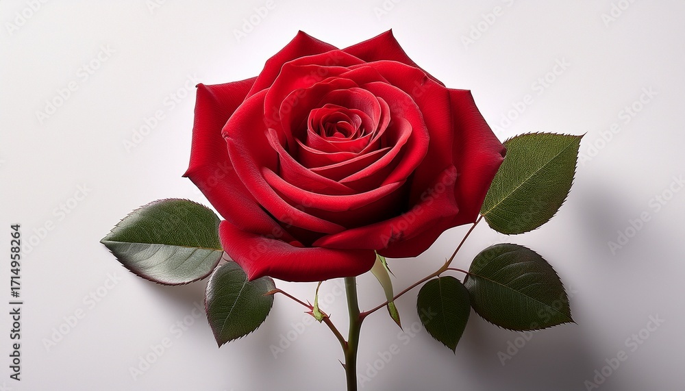 Naklejka premium Single Red Rose On A Plain White Backdrop Symbolizing Love And Nature