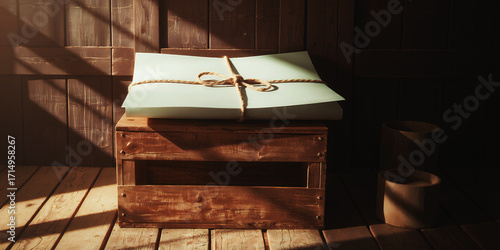 Stack of Papers Tied with Rope on Wooden Crate in Sunlit Room documents