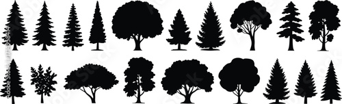 Tree silhouettes, black botanical shapes, forest elements, deciduous and coniferous trees, nature symbols, foliage forms, landscape icons, vector graphics