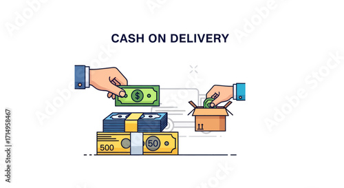 Cash on Delivery Illustration: Hands Exchanging Money for a Package.