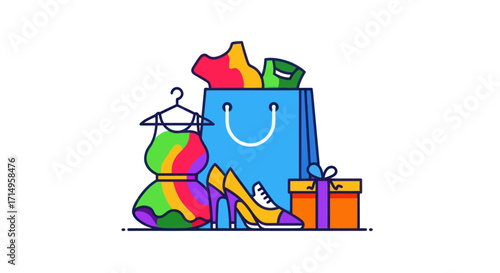 Colorful Shopping Spree: Dress Bag Shoes and Gift Box Illustration.