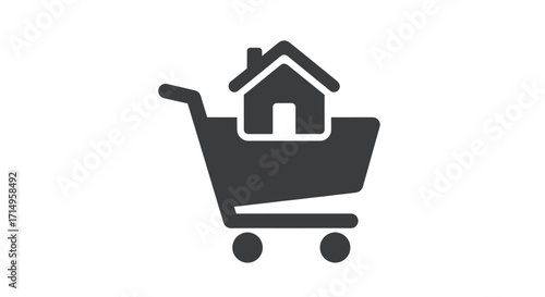 Dark grey flat icon of a house inside a shopping cart representing real estate purchase.