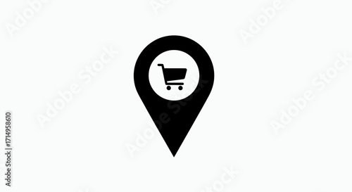 Black Shopping Cart Location Pin Icon on White Background.