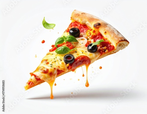 Appetizing Pizza Slice with Melted Cheese Tomatoes Olives and Basil Against White Background Studio Shot