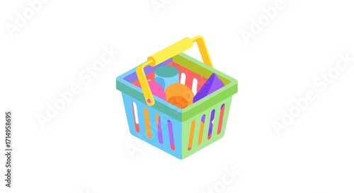 Bright multi-colored plastic toy shopping basket with small play items inside.