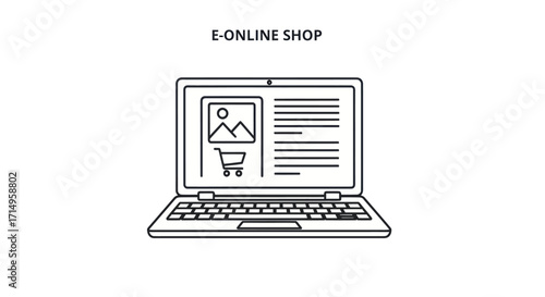 Line Art Laptop Displaying E-commerce Online Shop Interface.