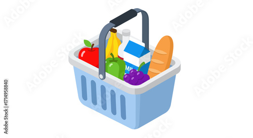 Isometric Light Blue Shopping Basket Full of Groceries.