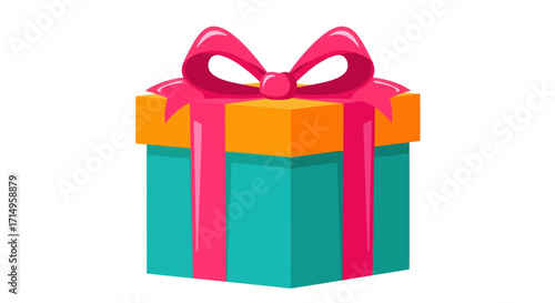 Vibrant Teal Gift Box with Bright Orange Lid and Pink Ribbon Bow.