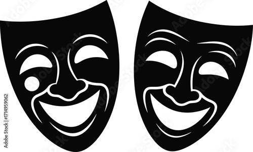 Two comedy theater masks black silhouette vector illustration, performing arts symbol, drama and entertainment icon, classic stage performance, joyful expression artwork