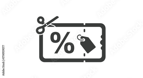 Icon of a discount coupon being cut by scissors with a percentage symbol and tag.