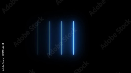 Five vertical bule neon lines looping the neon line and glowing neon line ,animation video. Colorful Neon Light Technology Loop Dancing Stage Isolated Transparent black Background.