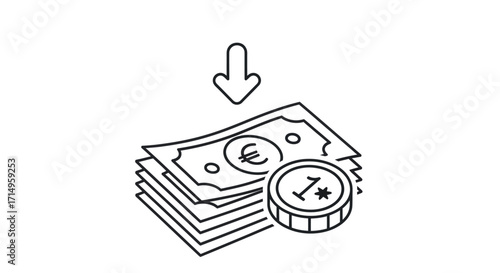 Simple line art icon of a stack of Euro banknotes and a one Euro coin with a downward arrow.