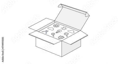 Minimalist line art illustration of an open cardboard box containing various weather and climate symbols.
