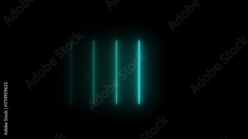Five vertical cyan looping the neon line and glowing neon line ,animation video.Futuristic retro style neon glowing stripes moving for disco nightclub. Modern concert award show.