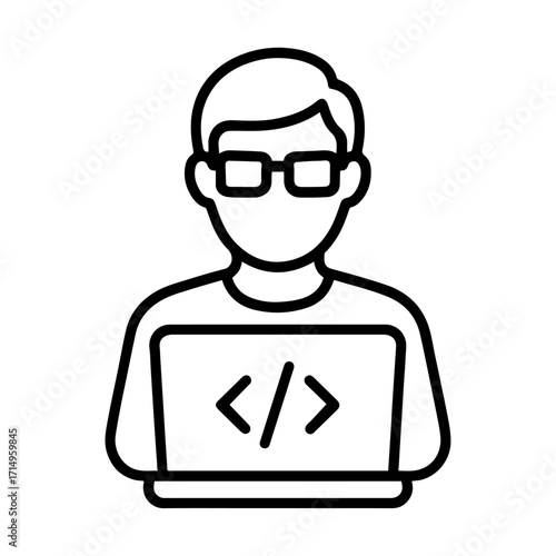 Programmer icon with laptop line art in black and white