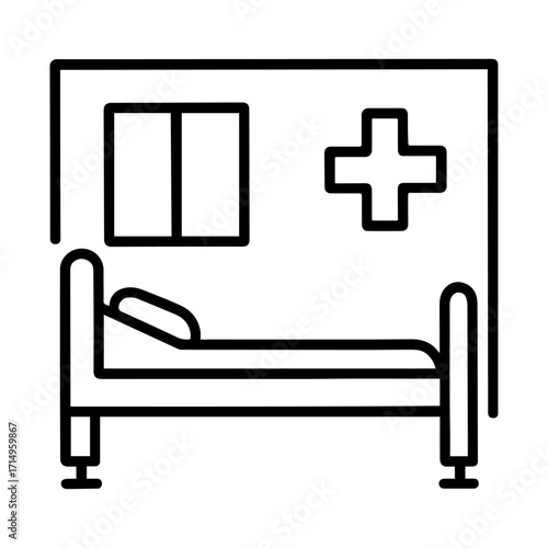 Hospital bed icon in a simple line art style in black and white