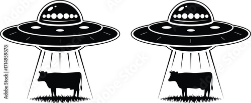Two UFOs abducting cows with beams of light, black silhouette vector illustration, alien spaceship design, extraterrestrial abduction scene, sci‑fi concept art