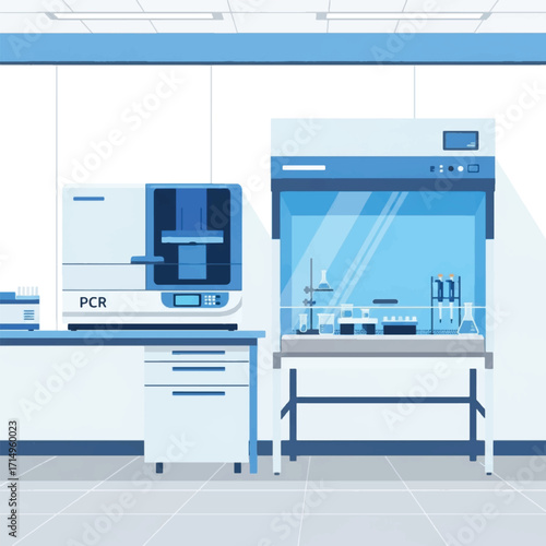 A modern laboratory setting with advanced scientific equipment, including a PCR machine and a biosafety cabinet.