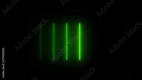 Five vertical red neon lines looping the neon line and glowing neon line ,animation video. Colorful Neon Light Technology Loop Dancing Stage Isolated Transparent black Background.