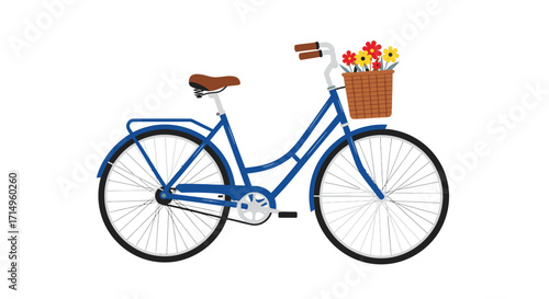 Classic Blue Bicycle with a Basket Full of Colorful Flowers.