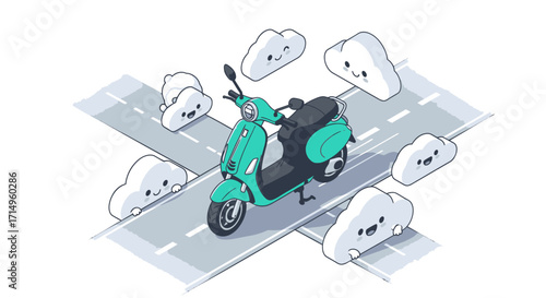 Cartoon-style turquoise scooter on a road surrounded by cute cloud characters.