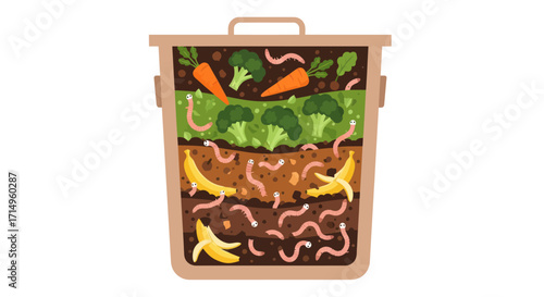 Layered Compost Bin Filled with Organic Waste and Worms.