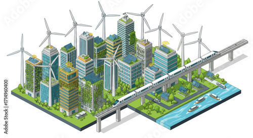 Futuristic eco-city with wind turbines and high-speed train.