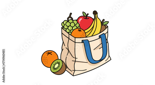 Colorful cartoon illustration of a reusable grocery bag overflowing with fresh healthy fruits.