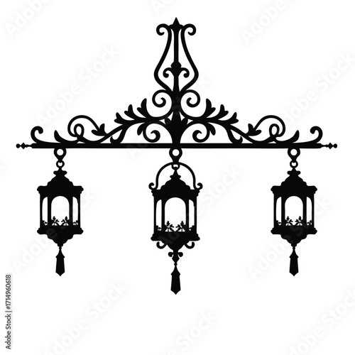 Ornate black metal hanging lantern fixture with three lamps