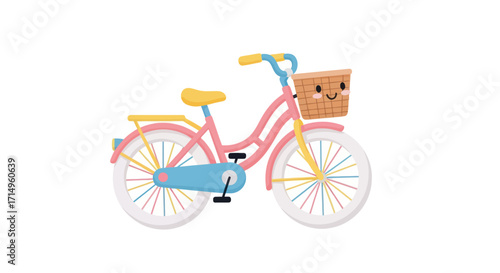 Adorable pink bicycle with a smiling basket and yellow accents.