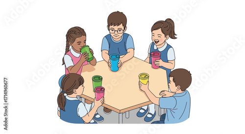 Diverse children engaged in a fun learning activity with colorful objects around a table.