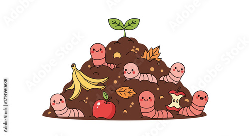 Cute Cartoon Worms Composting Organic Waste.