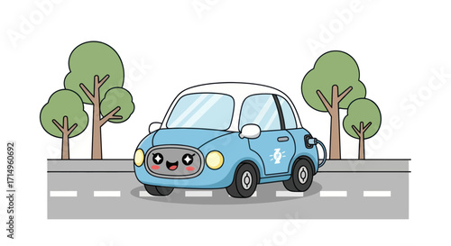 Cute Blue Electric Car with Kawaii Face Driving on Road.