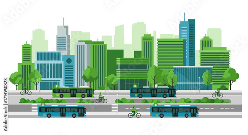 Modern Green City with Eco-Friendly Public Transport and Bicycle Lanes.