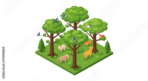 Isometric Illustration of a Lush Forest Ecosystem.